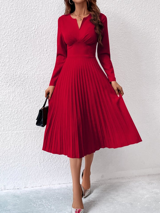 CM-DS918155 Women Elegant Seoul Style Sleeveless Notched Neckline Pleated Hem Dress - Red