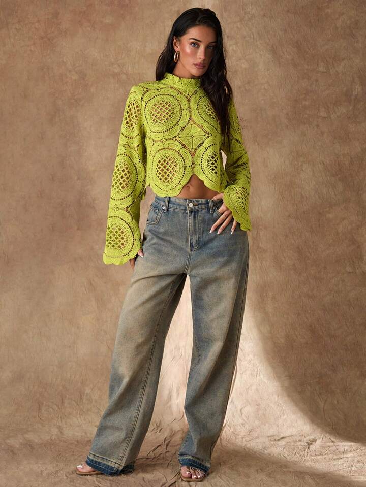 CM-TS777263 Women Casual Seoul Style Stand Collar Lace Hollow-Out See-Through Blouse - Green