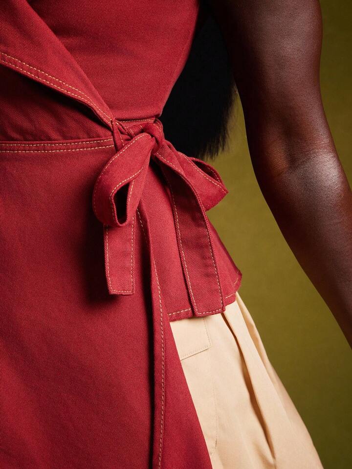CM-TS038800 Women Elegant Seoul Style Plunge V Neck Cap Sleeve Wrap Tie Detail Fitted Denim Top - Red