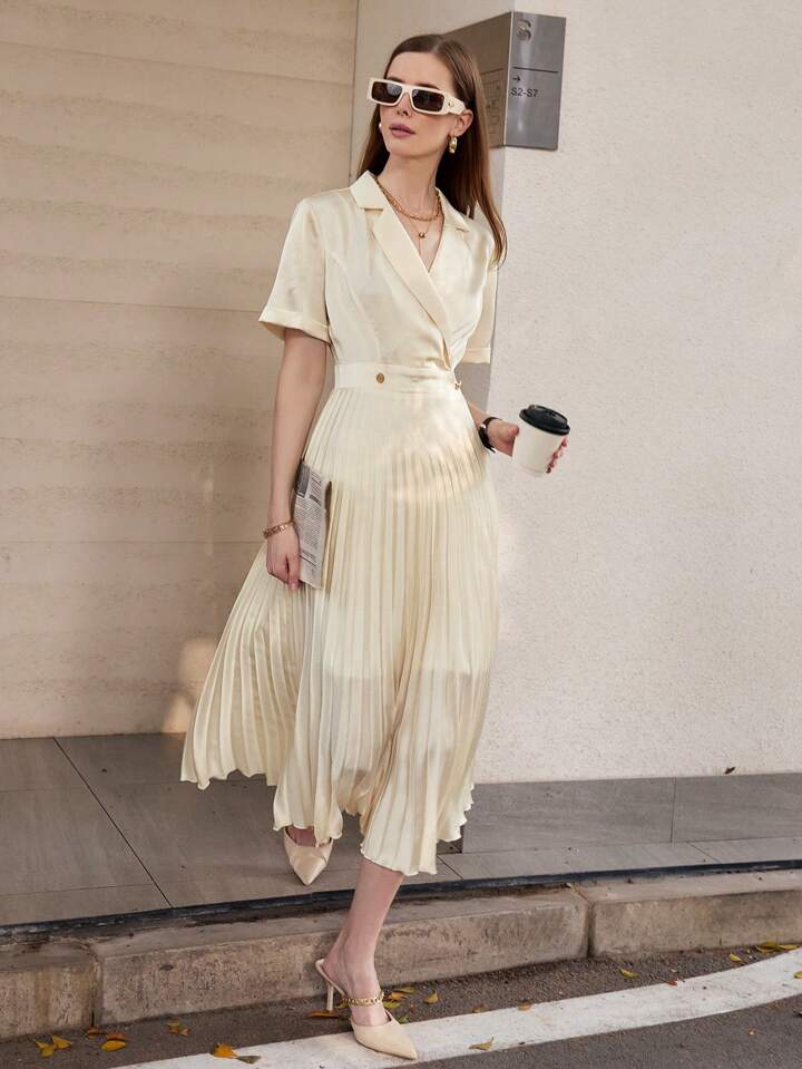 CM-DS944449 Women Elegant Seoul Style Notch Collar Short Sleeve Waist Belt Midi Dress - Champagne