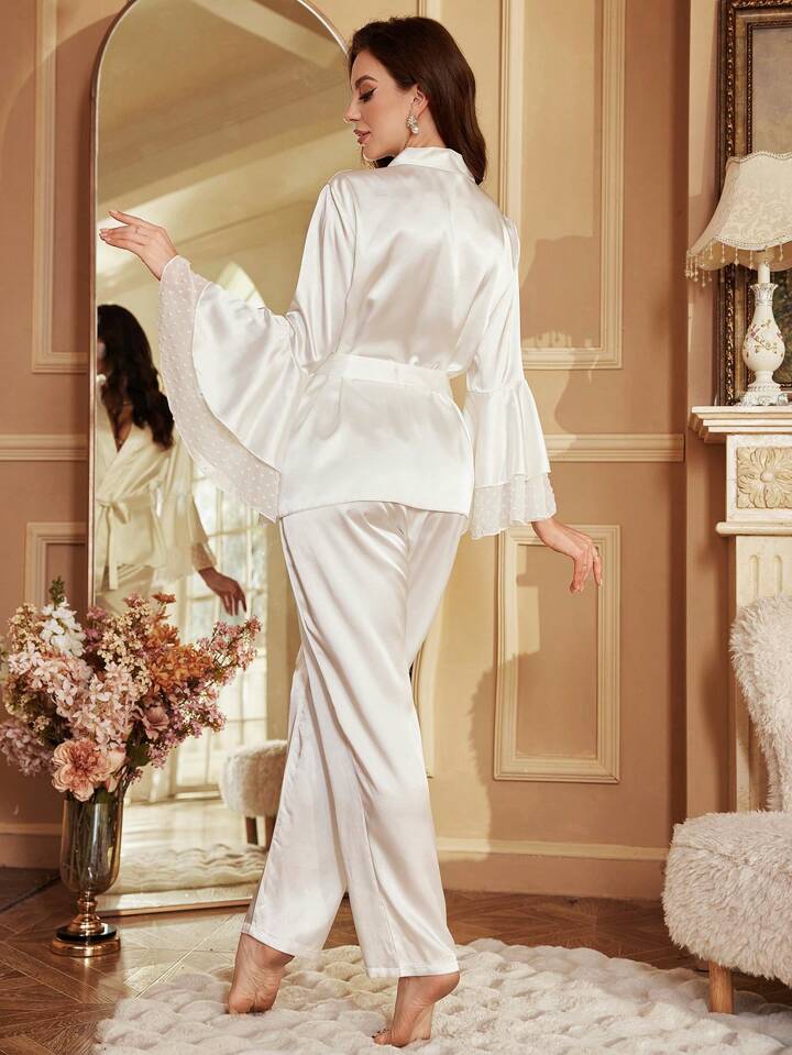 CM-LS689776 Women Trendy Seoul Style Shawl Collar Lace Flared Sleeve Pajama Set - White