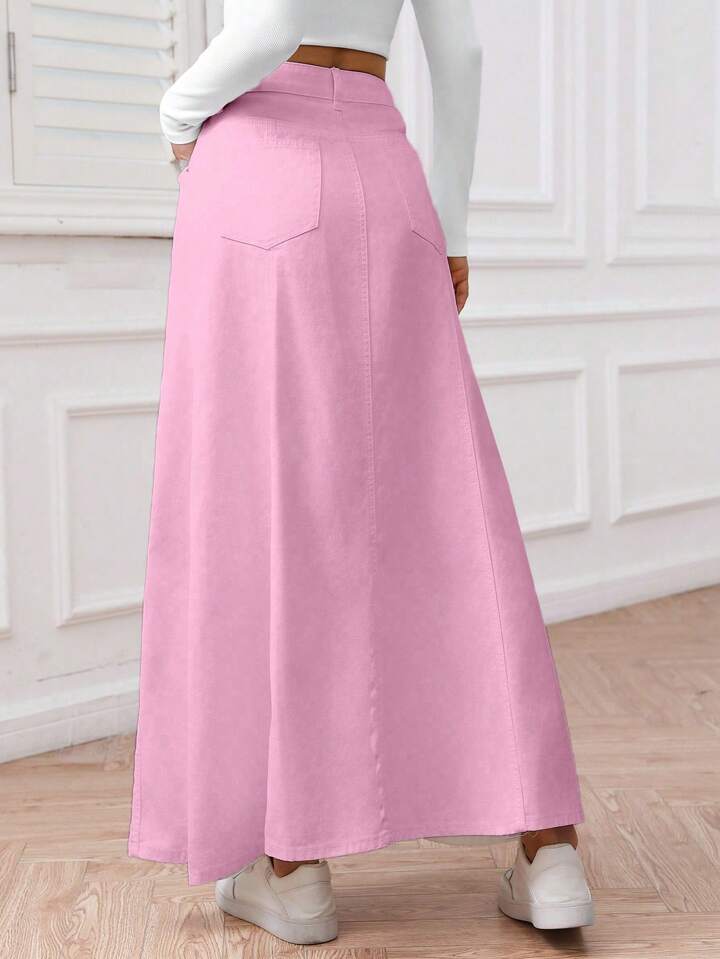 CM-BS696212 Women Casual Seoul Style Solid Color Front Button Pocket Denim Midi Skirt - Pink