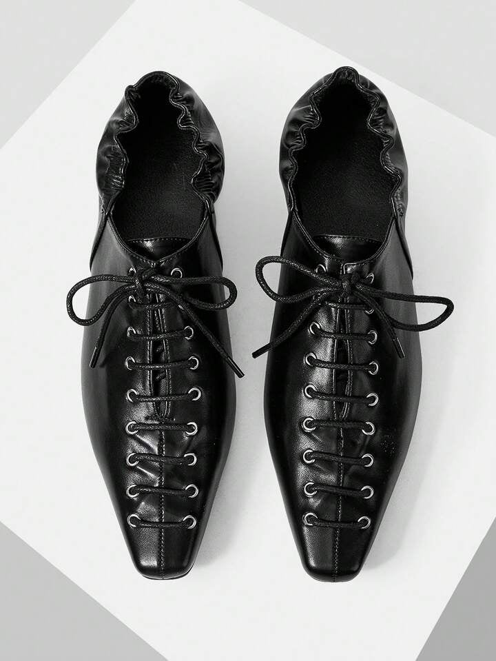 CM-SHS608445 Women Trendy Seoul Style Pointed Toe Criss-Cross Strap Low Heel Flats - Black