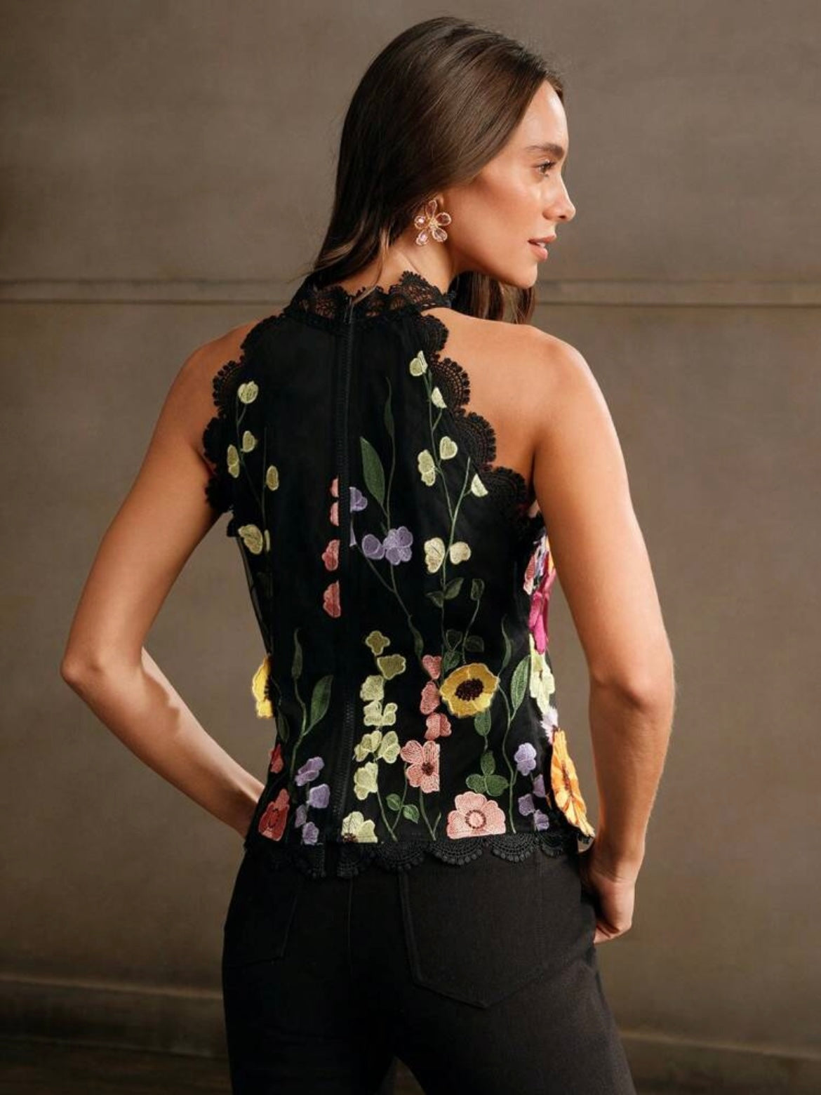 CM-TS009607 Women Elegant Seoul Style Sleeveless 3D Floral Colorful Blouse - Black