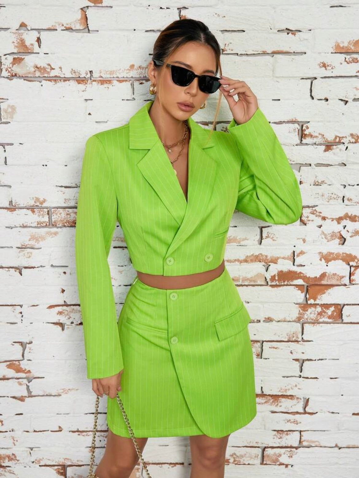 CM-SS429526 Women Elegant Seoul Style Stripe Cropped Jacket With Wrapped Skirt Suit - Green