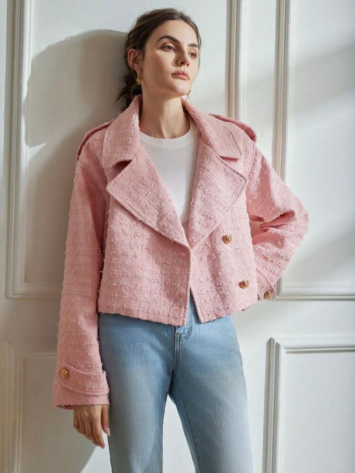 CM-CS516991 Women Elegant Seoul Style Wool Blend Short Windbreaker Jacket - Pink