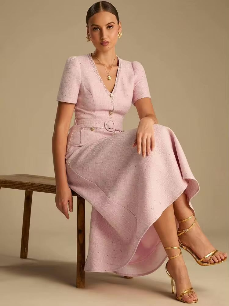 CM-DS427774 Women Elegant Seoul Style V-Neck Short Sleeve Sequin Decoration Belted A-Line Dress - Pink