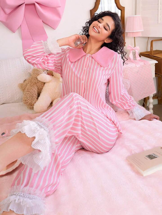 CM-LS611601 Women Trendy Seoul Style Peter Pan Collar Lace Patchwork Loose Pajama Set - Pink