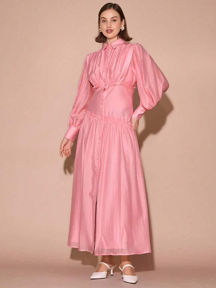 CM-DS410178 Women Elegant Seoul Style Collar Neckline Front Button Lantern Long Sleeve Gathered Maxi Dress