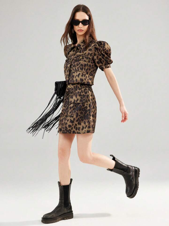 CM-SS285566 Women Casual Seoul Style Textured Pattern Collar Neckline Puff Sleeve Cropped Top With Skirt - Set