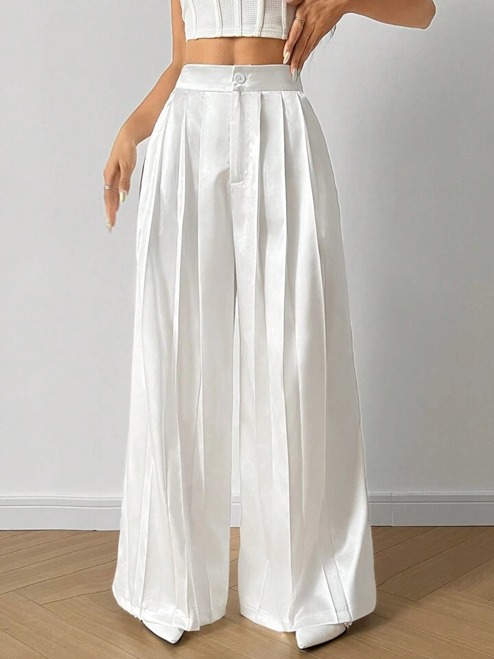 CM-BS196929 Women Casua Seoul Style Solid Color Pleated Wide Leg Trousers - White