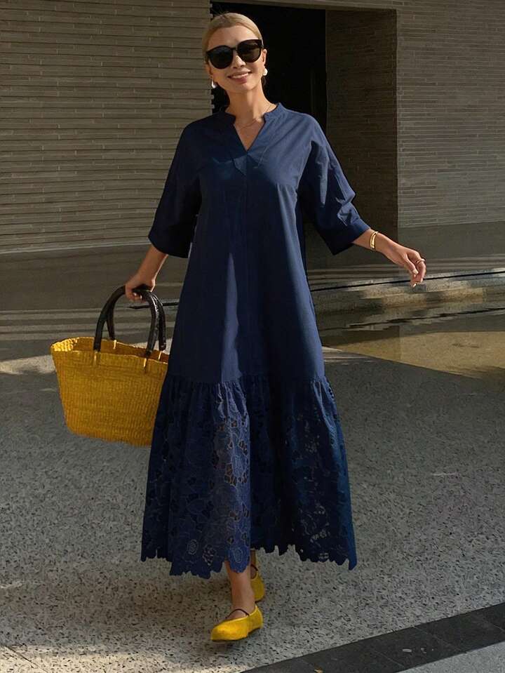 CM-DS486717 Women Trendy Bohemian Style Lace Patchwork Stand Collar 3/4 Sleeve Long Shirt Dress - Navy Blue