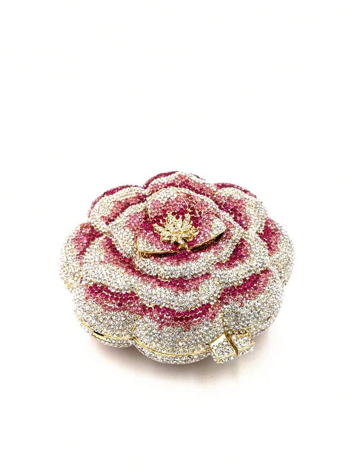 CM-BGS009642 Women Elegant Seoul Style Floral Design Rhinestone Crystal Handmade Clutch Bag - Pink