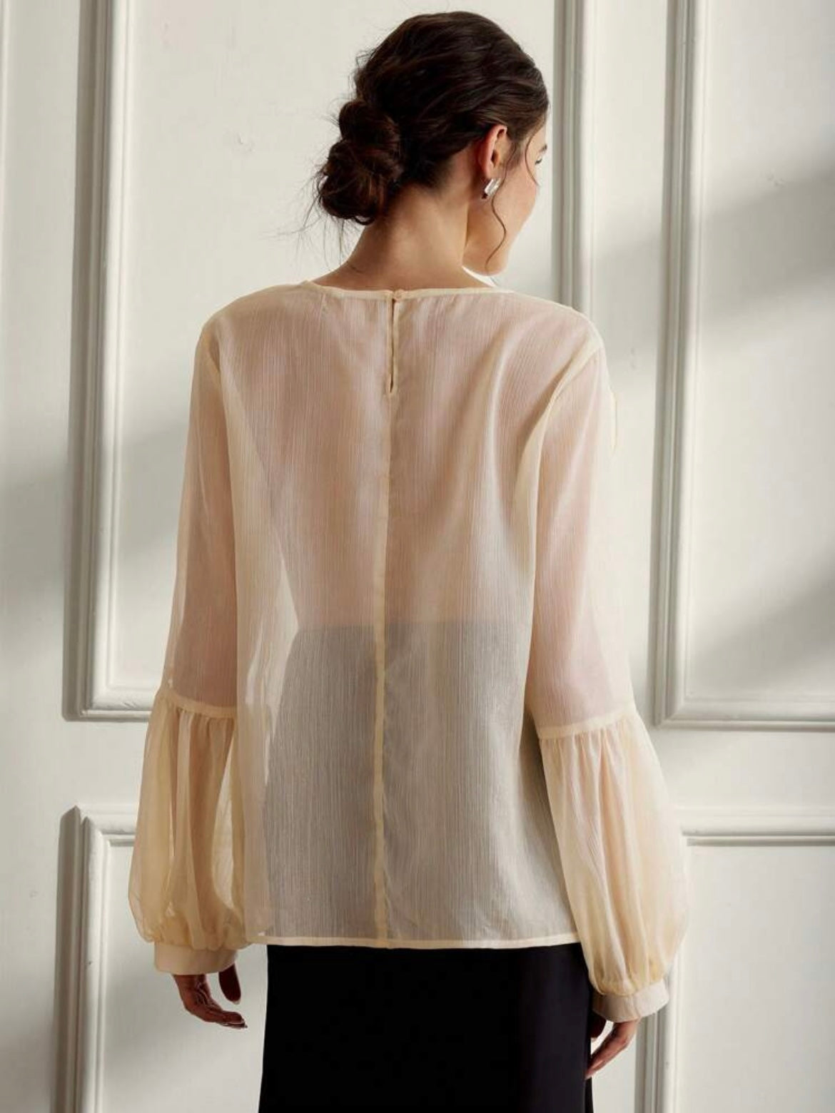 CM-TS856000 Women Elegant Seoul Style Sheer Textured 3D Floral Oversized Women Blouse - Yellow