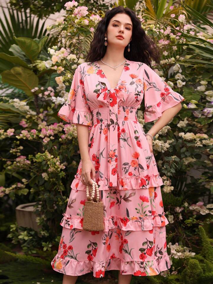 CM-DS211059 Women Trendy Bohemian Style Floral Print Ruffle Hem Shirred Cinching Waist Dress
