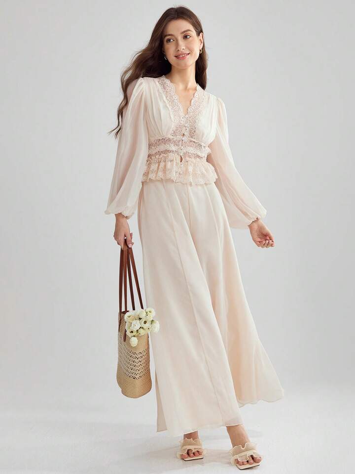 CM-BS788247 Women Trendy Bohemian Style Solid Color High Waist Wide Leg Pants - Apricot