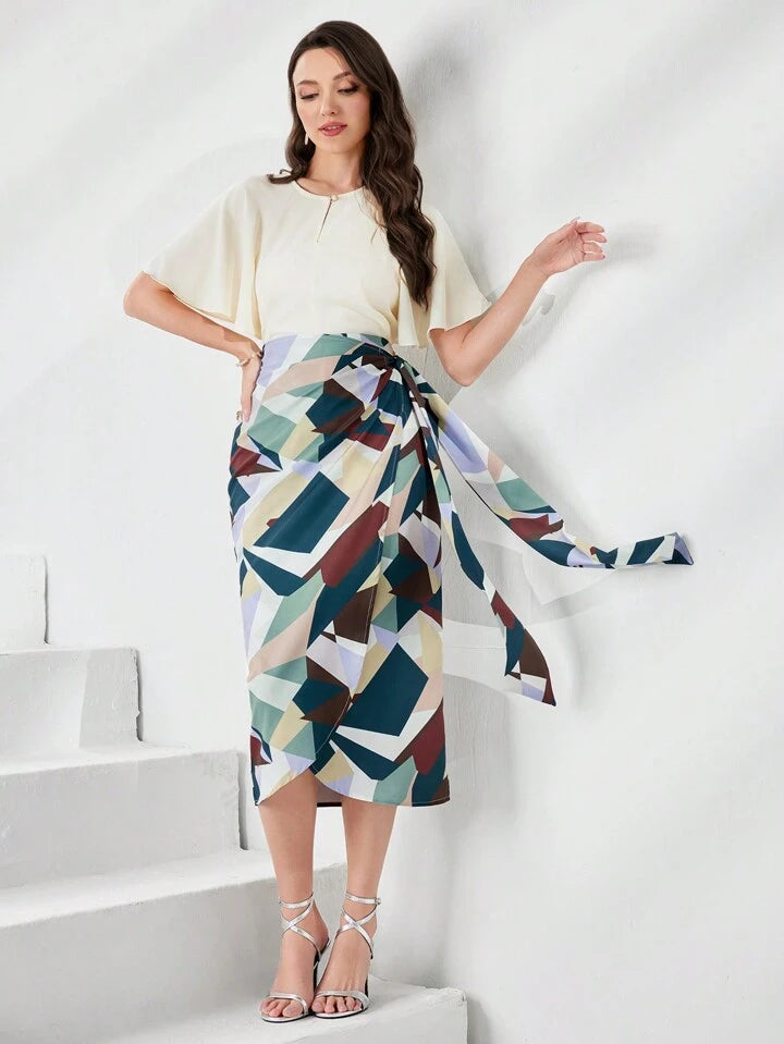 CM-BS808550 Women Elegant Seoul Style Geometric Print Knot Side Wrap Skirt