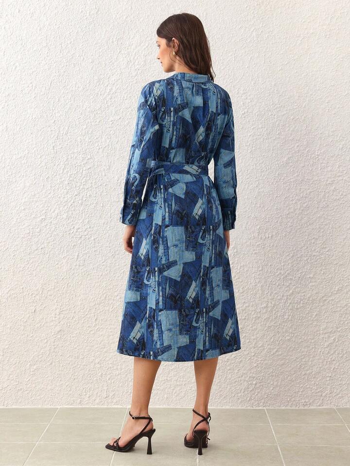CM-DS016397 Women Elegant Seoul Style V-Neck Long Sleeve Patchwork Print Overlap Collar Denim Dress