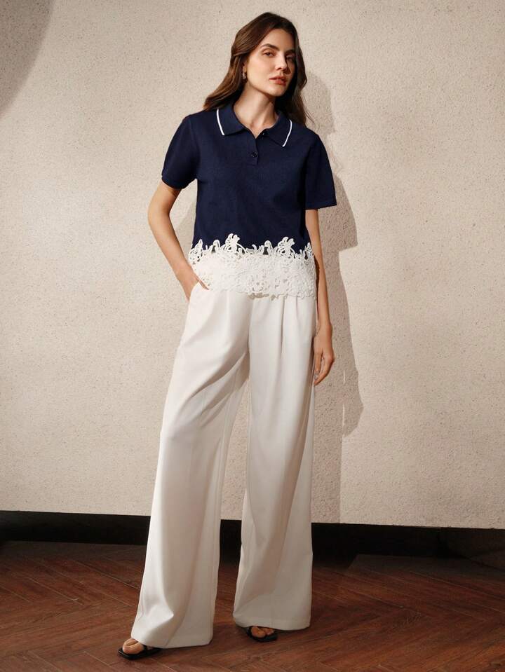 CM-TS844108 Women Casual Seoul Style Polo Collar Colorblock Ruffled Trim T-Shirt - Blue