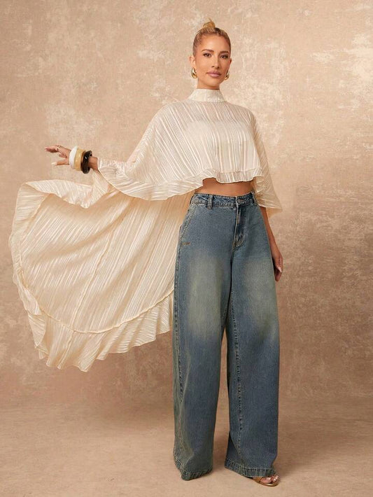 CM-TS246700 Women Casual Seoul Style Asymmetric Ruffle Hem Loose Collar Shawl Blouse - Apricot