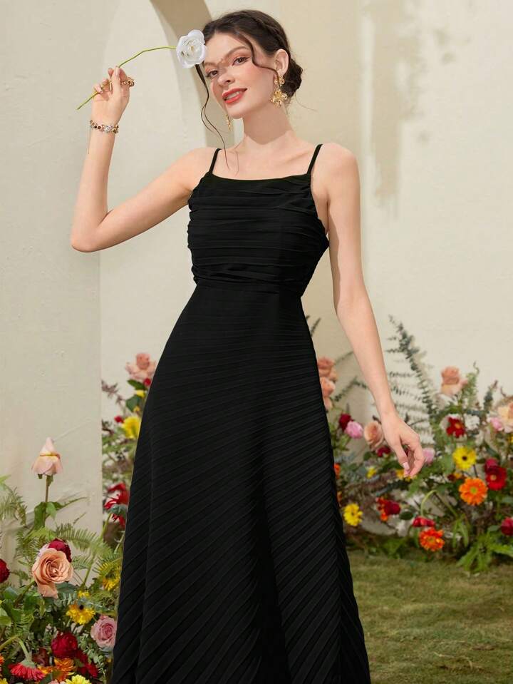 CM-DS848471 Women Elegant Seoul Style Solid Color Spaghetti Strap A-Line Dress - Black