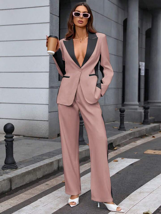 CM-SS924590 Women Elegant Seoul Style Contrast Color Lapel Neckline Long Sleeve Blazer With Suit Pants - Set