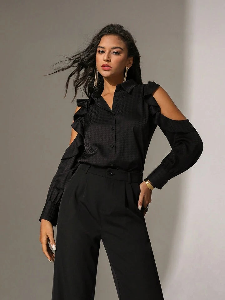 CM-TS583945 Women Casual Seoul Style Spliced Hollow Out Ruffle Off Shoulder Long Sleeve Shirt