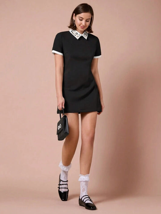 CM-DS235485 Women Elegant Seoul Style Pearl Rhinestone Decor Collar Short Sleeve A-Line Short Dress