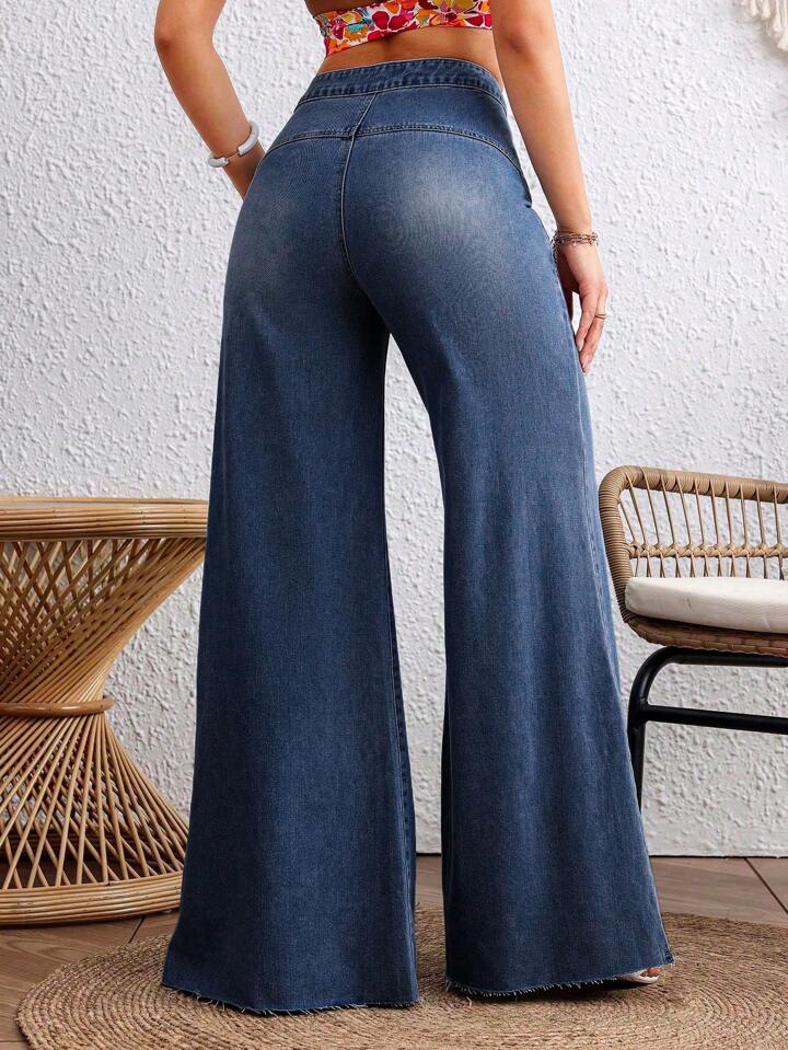 CM-BS585435 Women Casual Seoul Style Dark Wash Loose Button Zipper Mom Fit Wide Leg Denim Pants