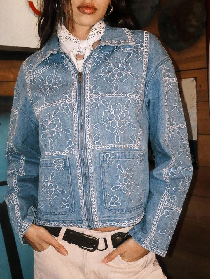 CM-CS082050 Women Casual Seoul Style Collar Neckline Long Sleeve Floral Embroidery Denim Jacket - Blue