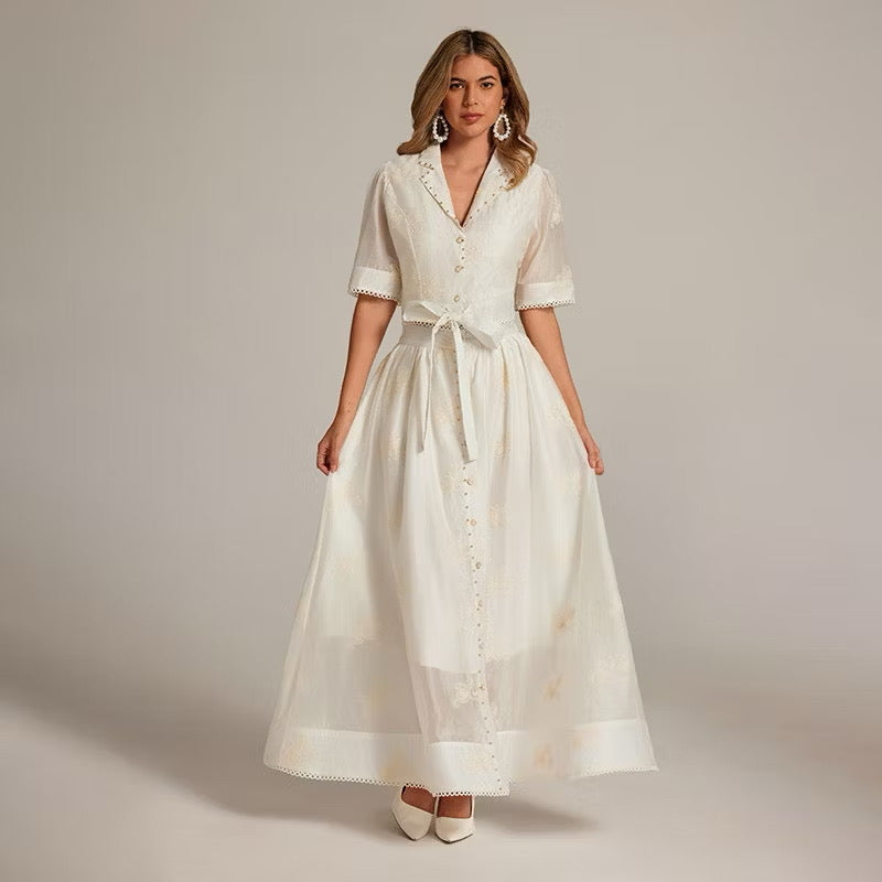 CM-SY035589 Women Elegant European Style Collar Neckline Half Sleeve Beads Decor Blouse With High Waist Long Skirt - Set