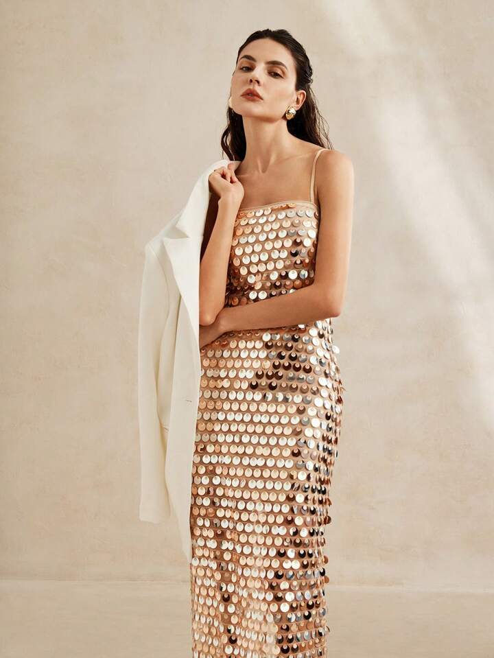 CM-DS583887 Women Elegant Seoul Style Spaghetti Strap Sleeveless Sequined Long Dress - Gold