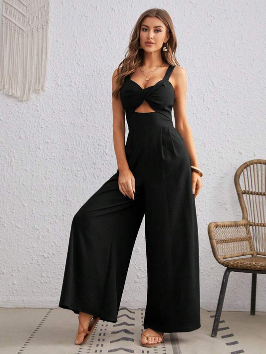 CM-JS790838 Women Trendy Bohemian Style Twist Front Cutout Cami Jumpsuit - Black