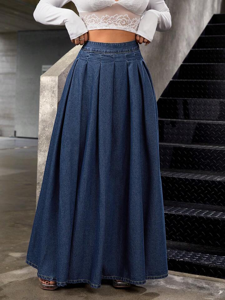 CM-BS419981 Women Casual Seoul Style Low Waist Extra Long Loose Denim Skirt - Blue