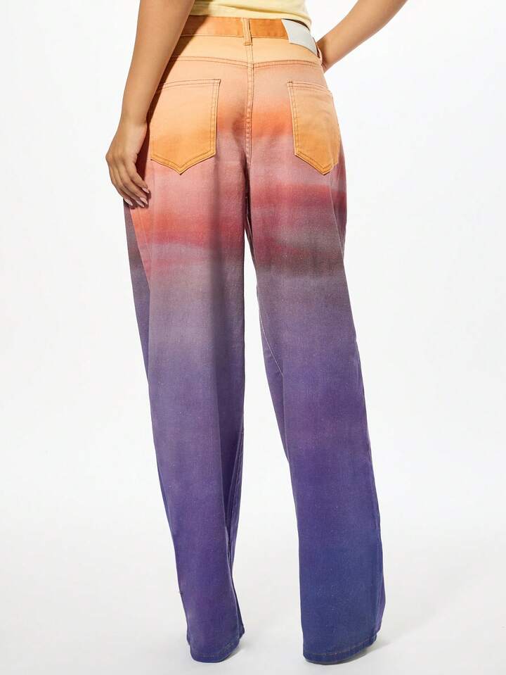 CM-BS097026 Women Casual Seoul Style Ombre Gradient High Waisted Wide Leg Denim Jeans