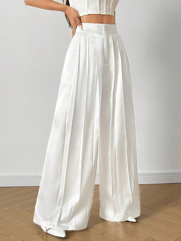 CM-BS196929 Women Casua Seoul Style Solid Color Pleated Wide Leg Trousers - White