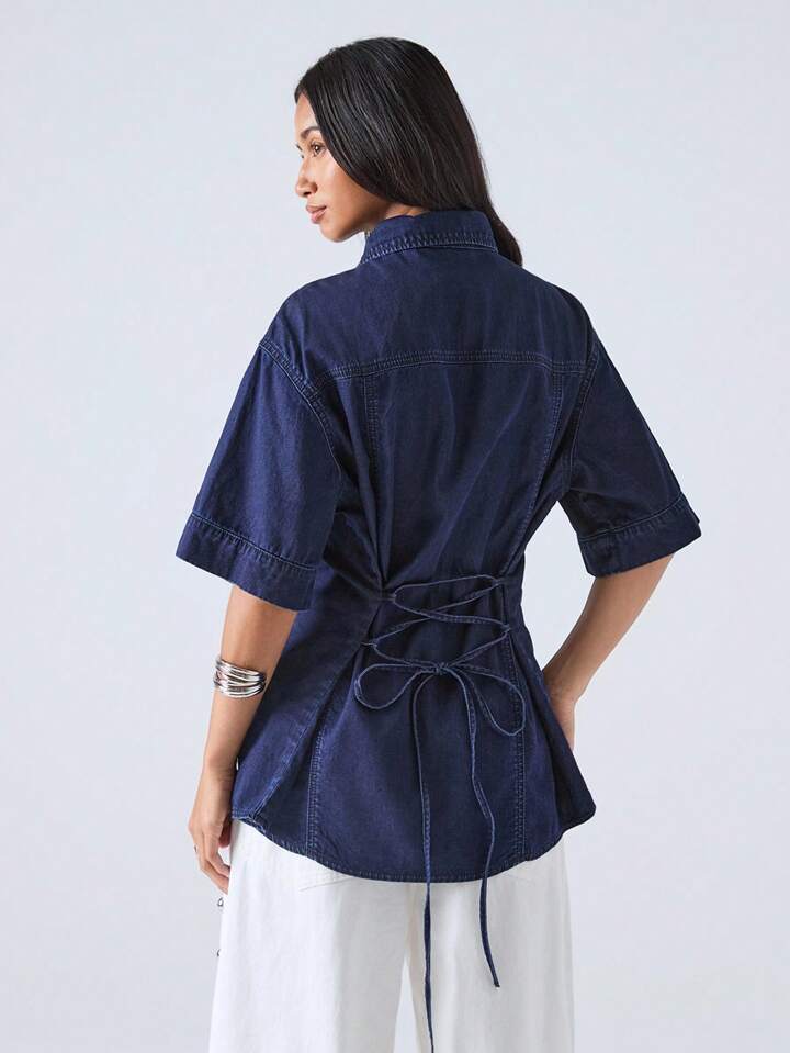 CM-TS825911 Women Elegant Seoul Style Dark Wash Collar Neckline Short Sleeve Single-Breasted Denim Jacket