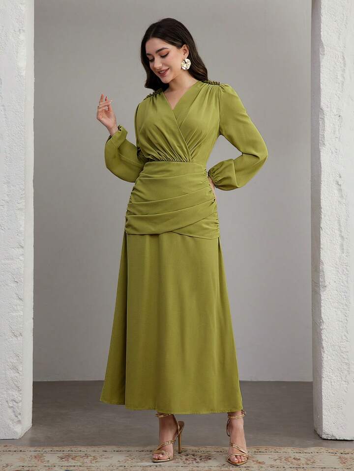 CM-DS969151 Women Elegant Seoul Style V-Neck Bishop Sleeve Cinched Waist A-Line Maxi Dress - Green