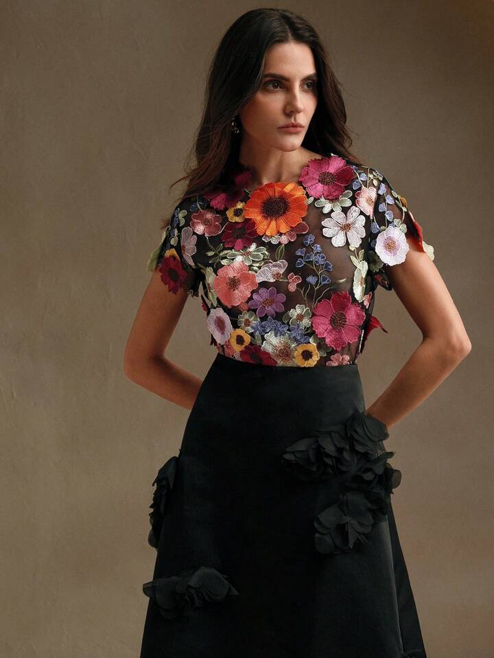 CM-TS496694 Women Elegant Seoul Style Round Neck Flounce Sleeve Embroidery Floral Applique Blouse - Black