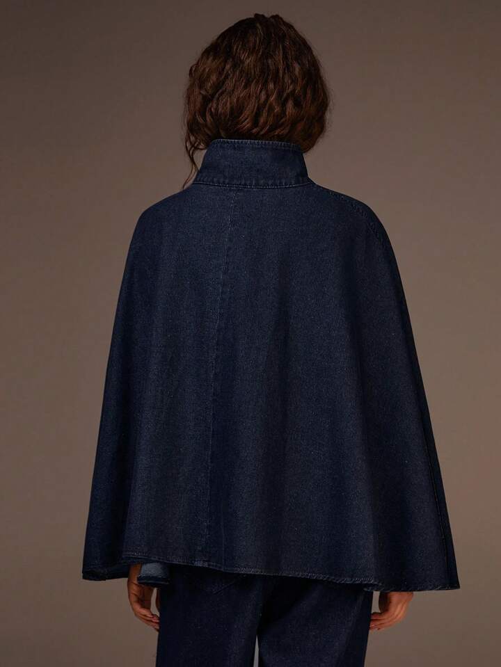 CM-CS829682 Women Casual Seoul Style Stand Collar Wide Draped Oversized Denim Cape Coat - Blue