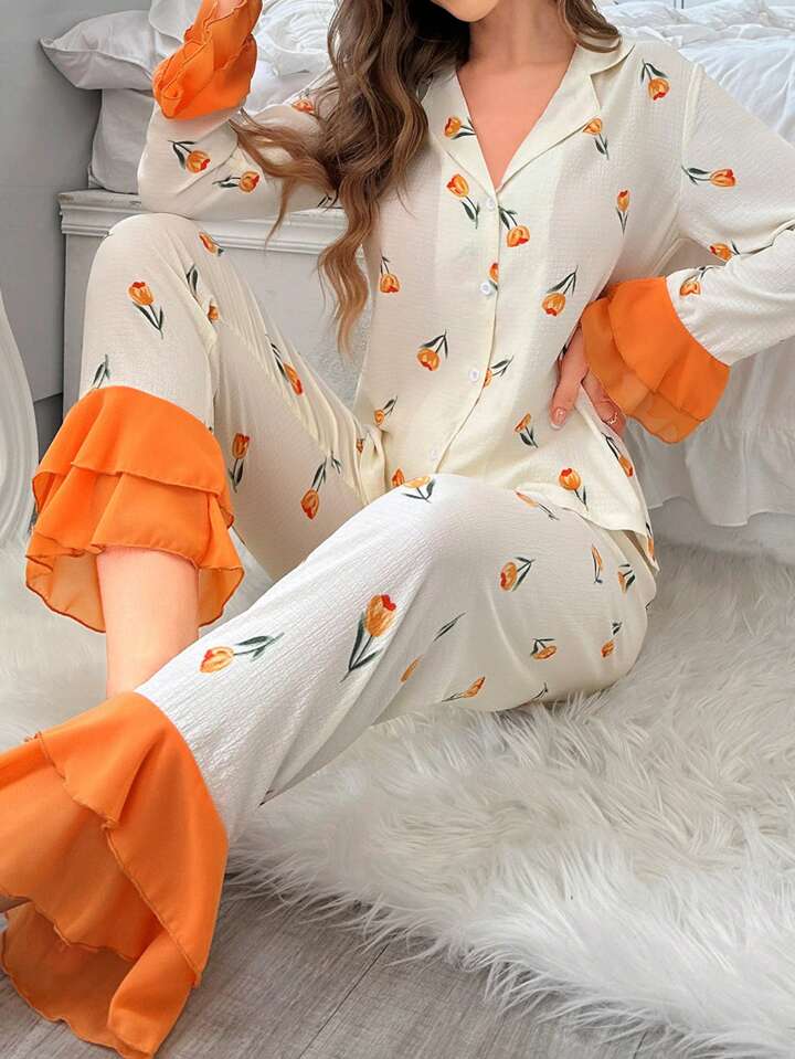 CM-LS933193 Women Trendy Seoul Style Floral Print Patchwork Ruffle Trim Decorated Pajama Set