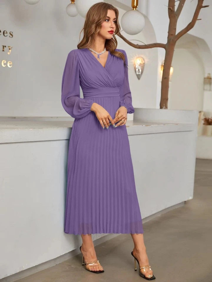CM-DS365439 Women Elegant Seoul Style Surplice V-Neck High Waist Pleated Hem A-Line Dress - Purple