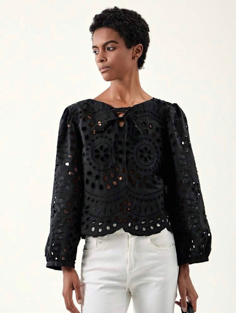 CM-TS600606 Women Trendy Bohemian Style Tie Neck Eyelet Embroidery Hollow Out Blouse
