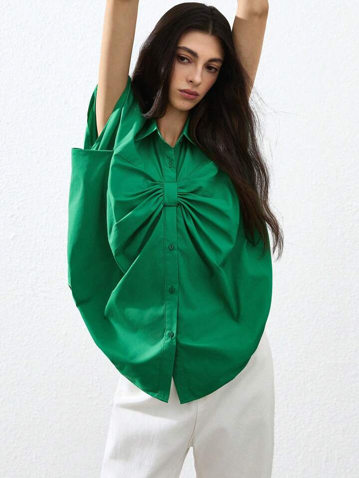 CM-TS799775 Women Casual Seoul Style Oversized Bow Detail Drop Shoulder Sleeveless Blouse - Green