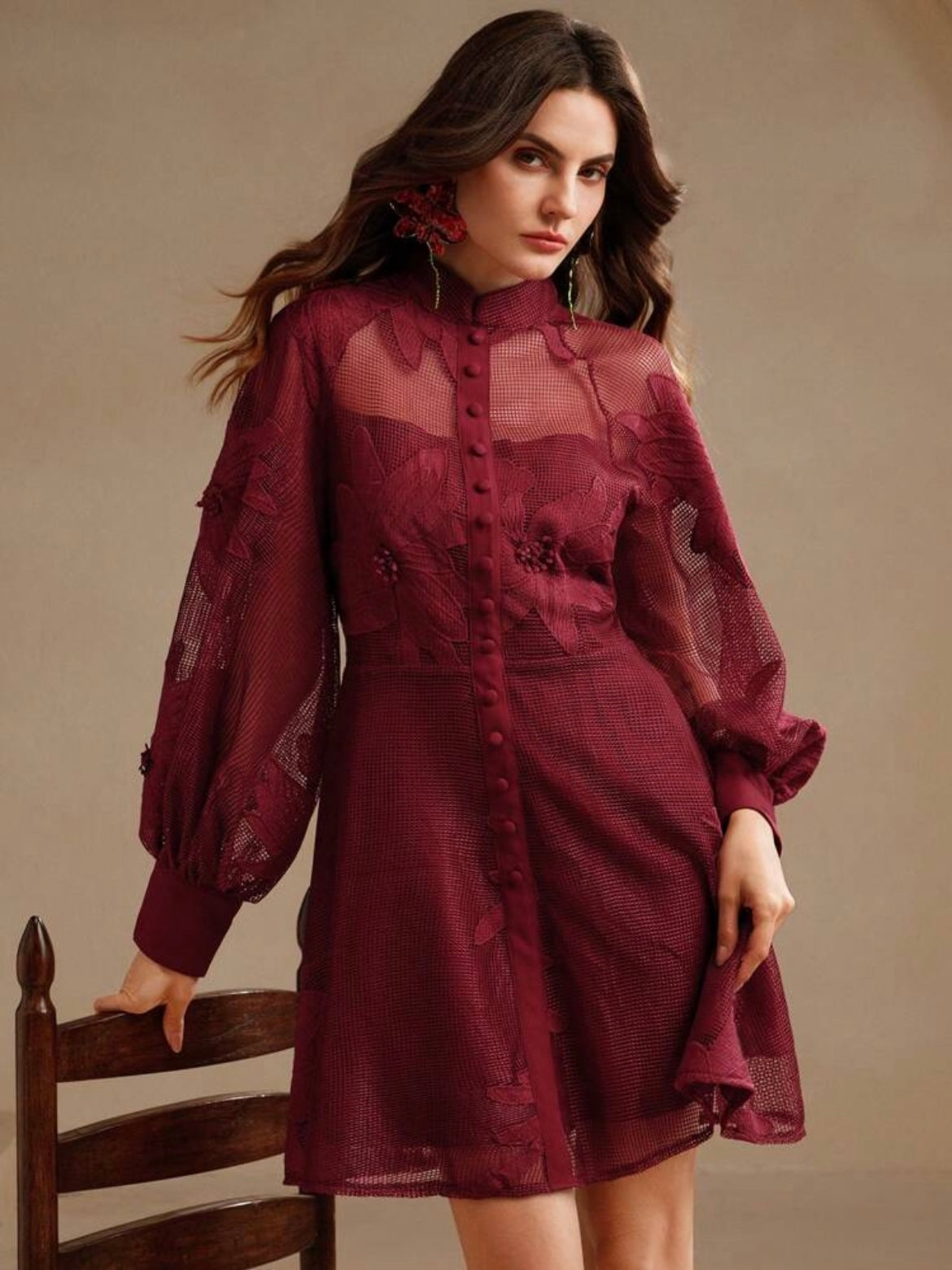 CM-DS494349 Women Elegant Seoul Style Collar Neckline Lace Cinched Waist Lantern Sleeve Dress - Red