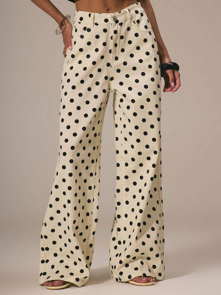CM-BS299465 Women Casual Seoul Style Polka Dot Denim Straight Leg Mid Rise Jeans - Apricot