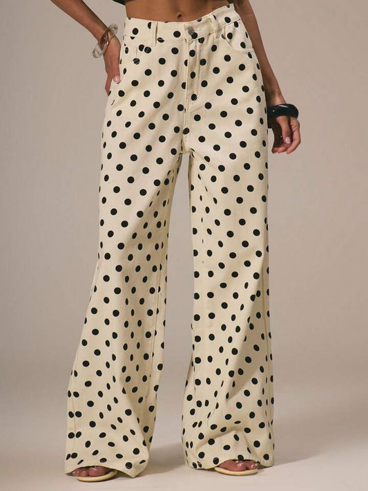CM-BS299465 Women Casual Seoul Style Polka Dot Denim Straight Leg Mid Rise Jeans - Apricot