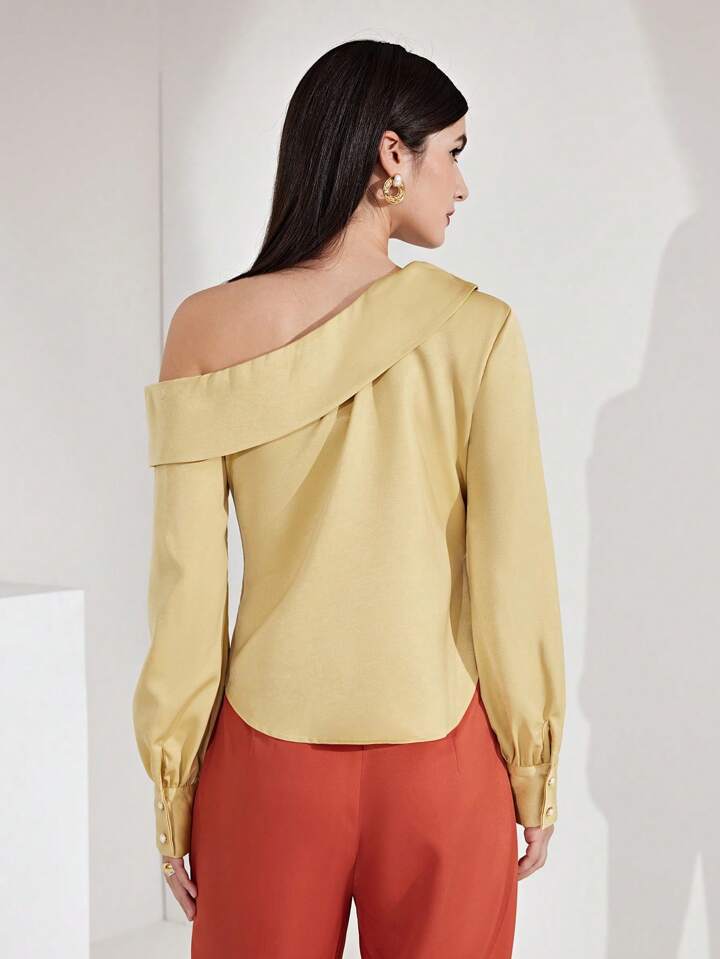 CM-TS672724 Women Casual Seoul Style Asymmetrical Collar Neckline Long Sleeve Shirt