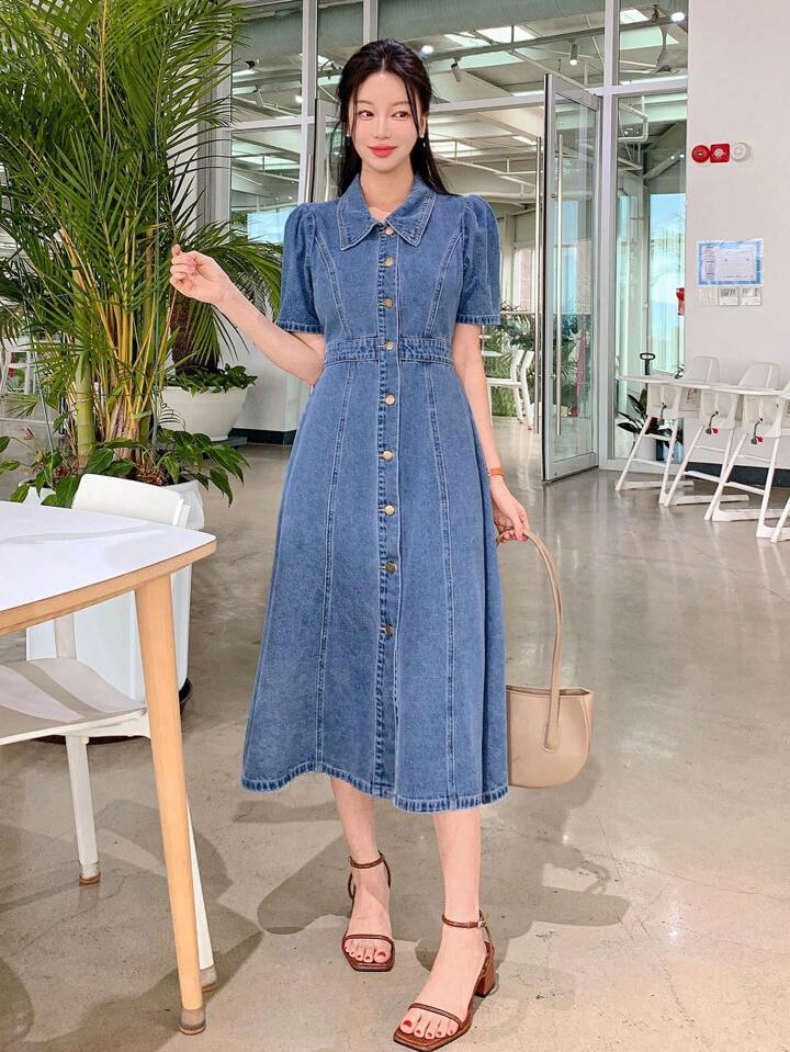 CM-DS280478 Women Casual Seoul Style Medium Wash Shirt Collar Riveted Puff Sleeve Denim Dress