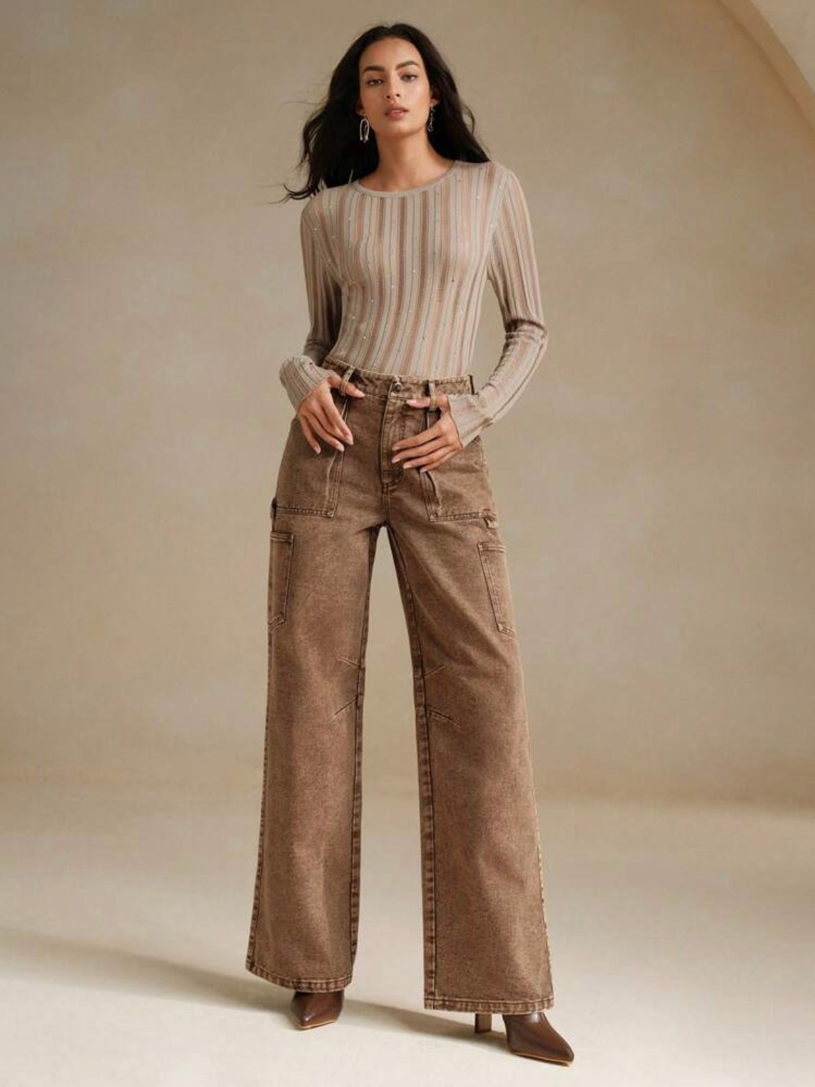 CM-BS336480 Women Casual Seoul Style Pocket Relaxed Straight Leg Denim Jeans - Brown